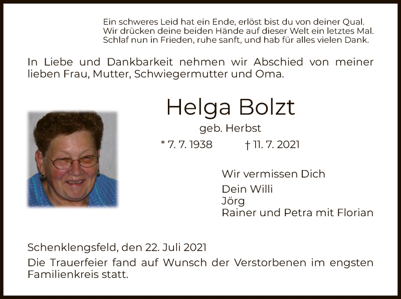  Traueranzeige für Helga Bolzt vom 22.07.2021 aus HZ