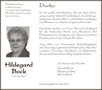 Traueranzeige von Hildegard Bock von HZ