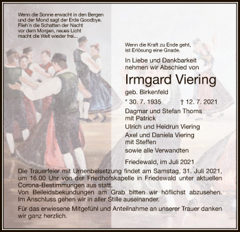 Traueranzeige von Irmgard Viering von HZ