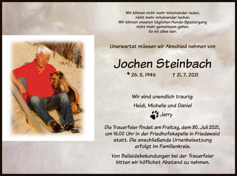  Traueranzeige für Jochen Steinbach vom 28.07.2021 aus HZ