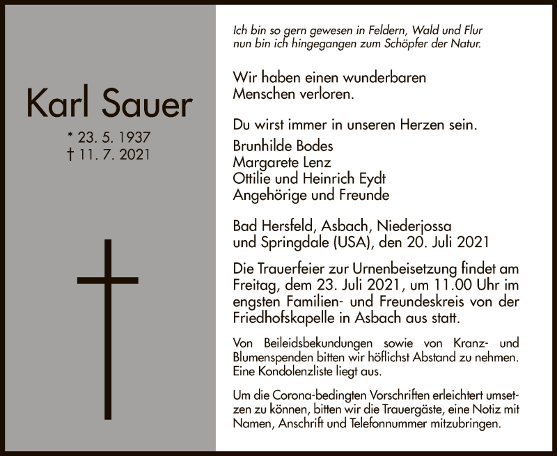  Traueranzeige für Karl Sauer vom 20.07.2021 aus HZ