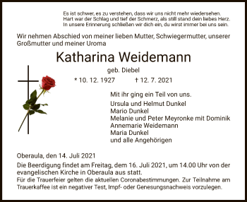 Traueranzeige von Katharina Weidemann von HZ