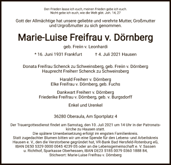 Traueranzeige von Marie-Luise Freifrau v. Dörnberg von HNA