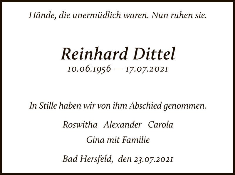  Traueranzeige für Reinhard Dittel vom 24.07.2021 aus HZ