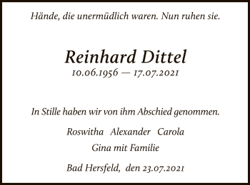 Traueranzeige von Reinhard Dittel von HZ