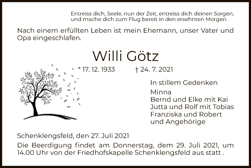  Traueranzeige für Willi Götz vom 27.07.2021 aus HZ
