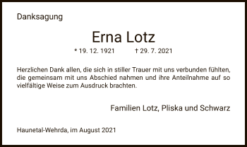 Traueranzeige von Erna Lotz von HZ