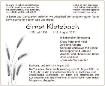 Traueranzeige von Ernst Klotzbach von HZ