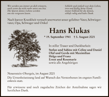 Traueranzeige von Hans Klukas von HZ