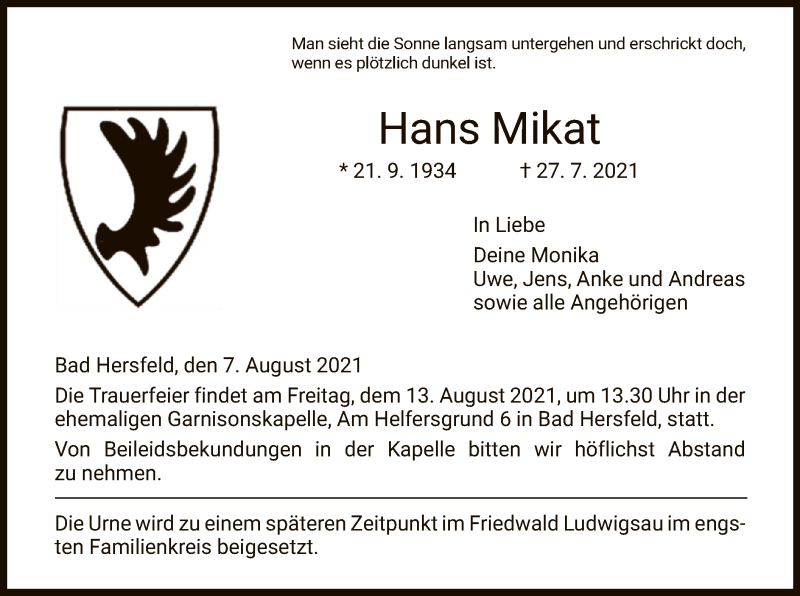  Traueranzeige für Hans Mikat vom 07.08.2021 aus HZ