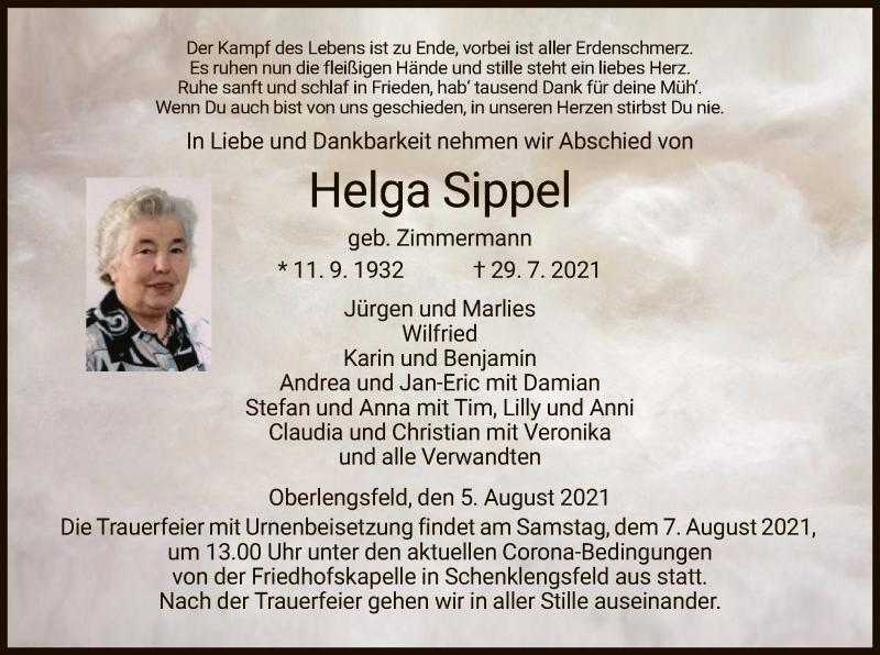  Traueranzeige für Helga Sippel vom 05.08.2021 aus HZ