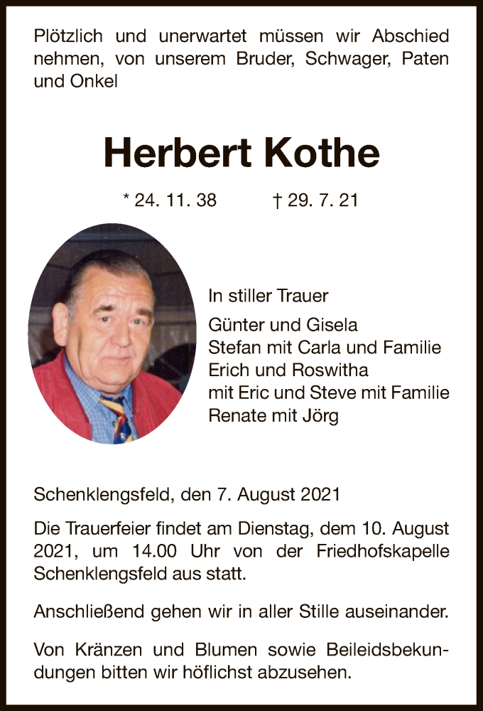  Traueranzeige für Herbert Kothe vom 07.08.2021 aus HZ