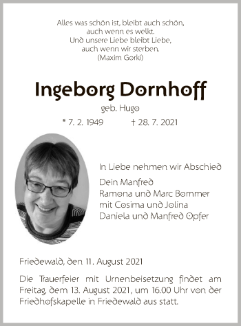 Traueranzeige von Ingeborg Dornhoff von HZ