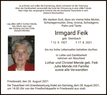 Traueranzeige von Irmgard Feik von HZ