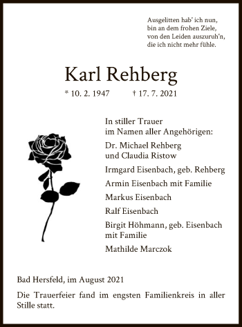 Traueranzeige von Karl Rehberg von HZ