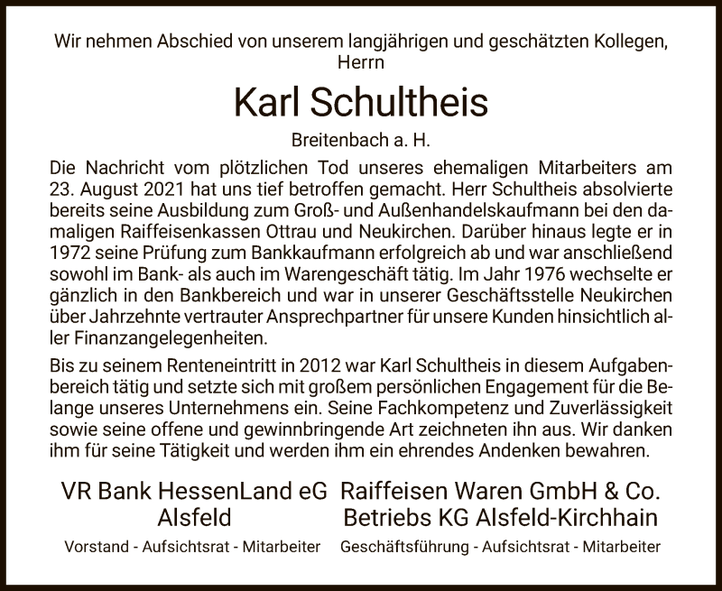  Traueranzeige für Karl Schultheis vom 27.08.2021 aus HZ