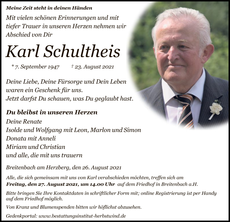  Traueranzeige für Karl Schultheis vom 26.08.2021 aus HZ