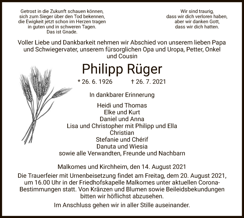  Traueranzeige für Philipp Rüger vom 14.08.2021 aus HZ