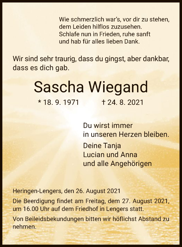  Traueranzeige für Sascha Wiegand vom 26.08.2021 aus HZ