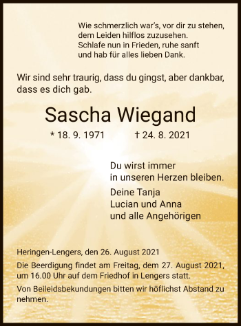 Traueranzeige von Sascha Wiegand von HZ