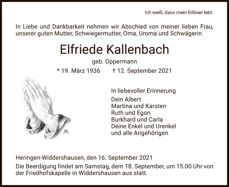  Traueranzeige für Elfriede Kallenbach vom 16.09.2021 aus HZ
