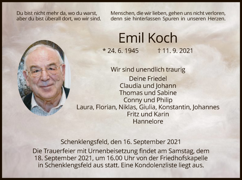  Traueranzeige für Emil Koch vom 16.09.2021 aus HZ