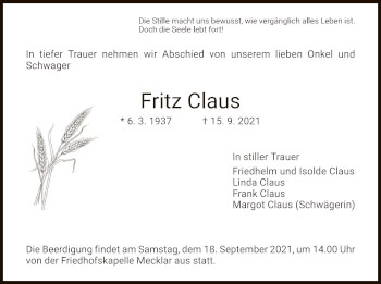 Traueranzeige von Fritz Claus von HZ