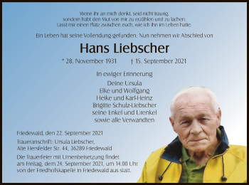 Traueranzeige von Hans Liebscher von HZ