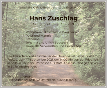 Traueranzeige von Hans Zuschlag von HZ