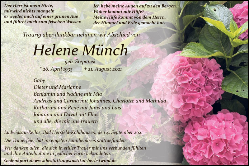  Traueranzeige für Helene Münch vom 04.09.2021 aus HZ