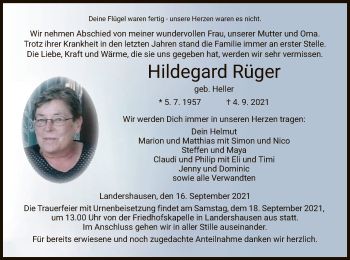 Traueranzeige von Hildegard Rüger von HZ