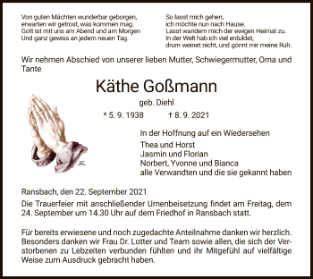 Traueranzeige von Käthe Goßmann von HZ