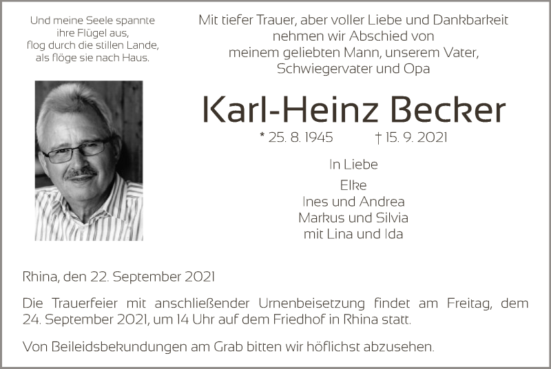  Traueranzeige für Karl-Heinz Becker vom 22.09.2021 aus HZ