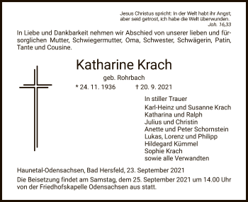 Traueranzeige von Katharine Krach von HZ