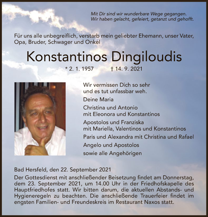  Traueranzeige für Konstantinos Dingiloudis vom 22.09.2021 aus HZ