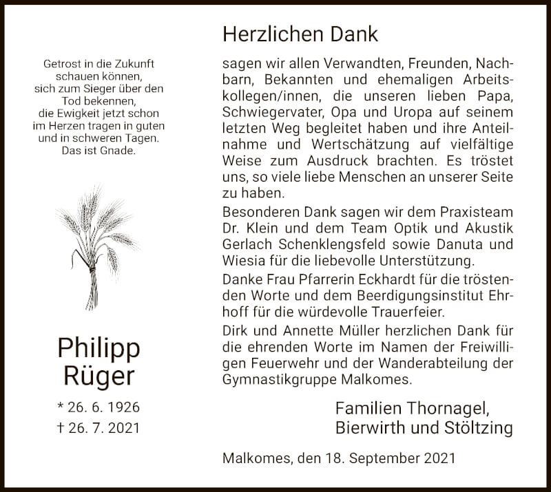  Traueranzeige für Philipp Rüger vom 18.09.2021 aus HZ