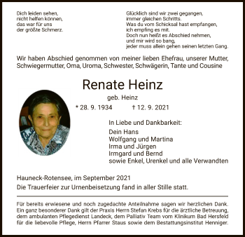 Traueranzeige von Renate Heinz von HZ