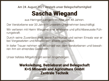 Traueranzeige von Sascha Wiegand von HZ