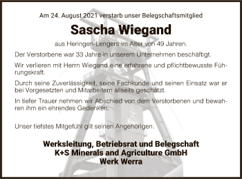 Traueranzeige von Sascha Wiegand von HZ