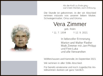 Traueranzeige von Vera Zimmer von HZ