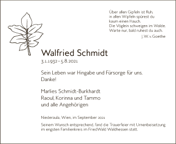 Traueranzeige von Walfried Schmidt von HZ