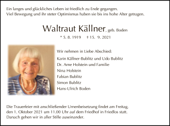 Traueranzeige von Waltraut Källner von HZ