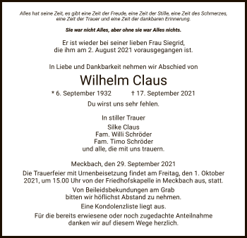 Traueranzeige von Wilhelm Claus von HZ