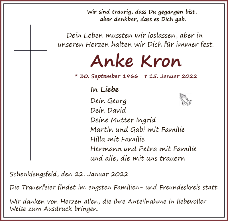  Traueranzeige für Anke Kron vom 22.01.2022 aus HZ