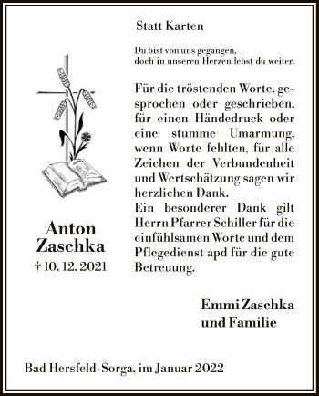 Traueranzeige von Anton Zaschka von HZ