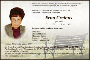 Traueranzeige von Erna Greinus von HZ