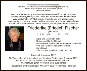 Traueranzeige von Friederike Fischer von HZ