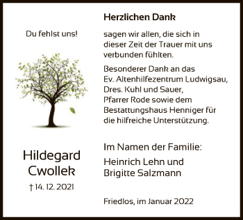 Traueranzeige von Hildegard Cwollek von HNA