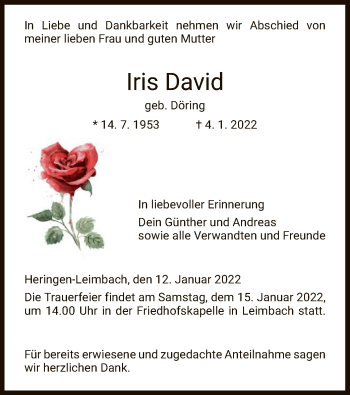 Traueranzeige von Iris David von HZ