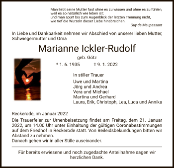 Traueranzeige von Marianne Ickler-Rudolf von HZ